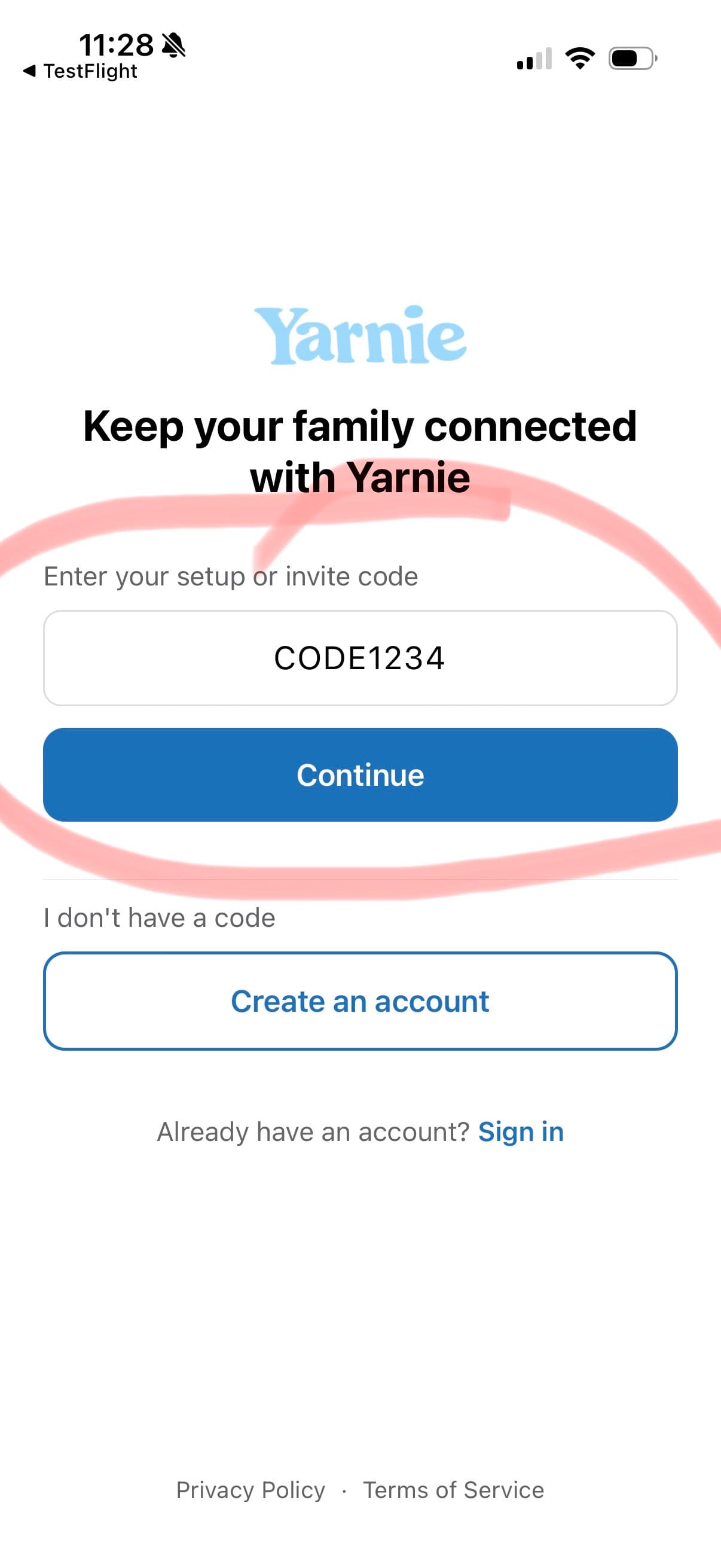 Yarnie app setup code entry screen